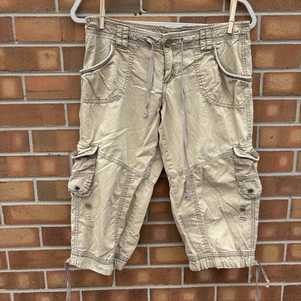 Vtg Unionbay Cargo Style Capri Tie Cropped Pants 90s Y2K Sz 7 Cotton Light Khaki